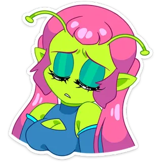😔 Alien, Desenho animado, Fofo, Verde, Rosa, Personagem, Adesivo telegram sticker
