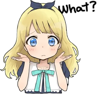 😶 What? dziewczyna anime, pytanie, zdezorientowany/a, blond włosy, niebieskie oczy, naklejka, kreskówka whatsapp sticker