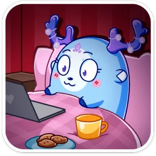 🎬 cartoon, deer, computer, bed, cookies, cozy, sleepy whatsapp sticker