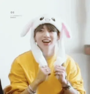 😁 person, smiling, hat, yellow shirt, bunny ears telegram sticker