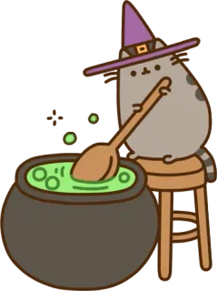 🎃 Pusheen Katze, Hexe, Halloween, Magie, Kessel, Rühren, Cartoon telegram sticker