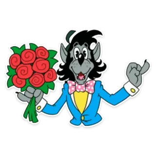 🌹 การ์ตูน, หมาป่า, ดอกไม้, ช่อดอกไม้, สูท, หูกระต่าย whatsapp sticker