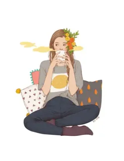 ☕️ женщина, кофе, цветы, иллюстрация, релакс, сидящая telegram sticker