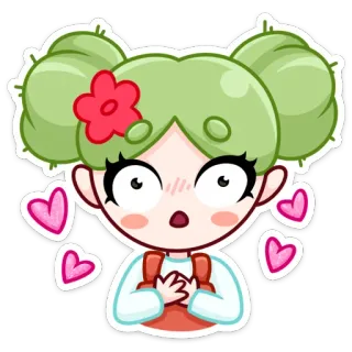 😍 mignon, fille, kawaii, coeurs, cheveux verts, dessin animé, autocollant, animé telegram sticker
