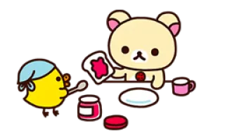 🐻 ริลัคคุมะ, โคริลัคคุมะ, คิอิโระอิโทะริ, คาวาอิ, น่ารัก, อาหารเช้า, ขนมปังปิ้ง, แยม, หมี, นก telegram sticker