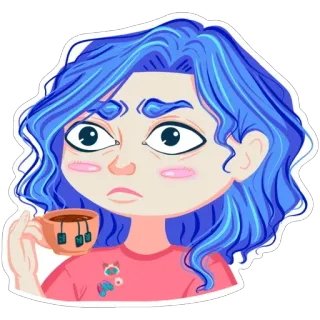 😳 phụ nữ, tóc xanh, trà, hoạt hình, nhãn dán, dễ thương, cô gái, đồ uống telegram sticker