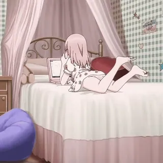 🌸 anime, girl, bedroom, bed, laptop telegram sticker
