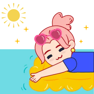 😎 dessin animé, natation, flotteur, lunettes de soleil, coeur, cheveux roses, eau, été telegram sticker