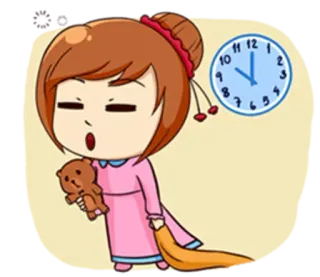 😣 sonolento, cansado, desenho animado, menina, pijama, relógio, ursinho de pelúcia whatsapp sticker