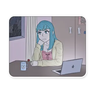 😔 V Anime, Meisje, Laptop, Raam, Nacht telegram sticker