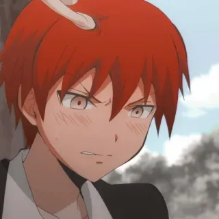 🌪 Karma Akabane Assassination Classroom anime, red hair, school uniform, irritated, Akabane Karma, Assassination Classroom, cartoon telegram sticker
