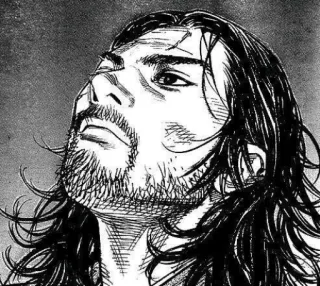 😕 Mangá, Homem, Barba, cabelo comprido, preto e branco, retrato telegram sticker
