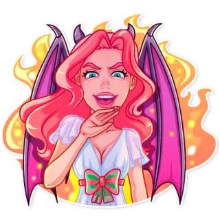 😈 devil, demon, pink hair, woman, wings, horns, fire telegram sticker