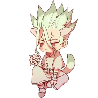💐 Senku Ishigami Dr. Stone 애니메이션, 만화, Dr. Stone, 센쿠 이시가미, 귀여운, SD 캐릭터, 고양이 귀, 꽃 telegram sticker