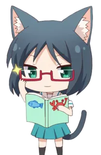 😏 Anime, Gadis kucing, Membaca, Kacamata, Lucu, Chibi whatsapp sticker