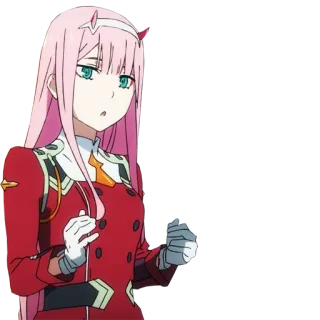 😮 Zero Two Darling in the Franxx anime, girl, pink hair, red uniform, Zero Two telegram sticker