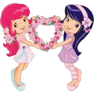 Ⓜ️ Erdbeerkuchen, Mädchen, Cartoon, Freundschaft, Blumen, Herz whatsapp sticker