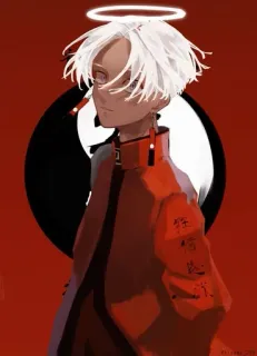 🌟 卍 Anime, Ragazzo, Manga, Capelli bianchi, Aureola, Sfondo rosso telegram sticker
