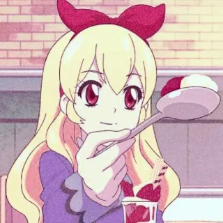 🍓 Anime, Gadis, Makanan penutup, Es krim, Sendok, Lucu, Makanan, Rambut pirang telegram sticker
