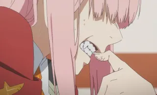 👹 Zero Two Darling in the Franxx Anime, Zero Two, Darling in the Franxx, Charakter, pinke Haare, Vampirzähne telegram sticker
