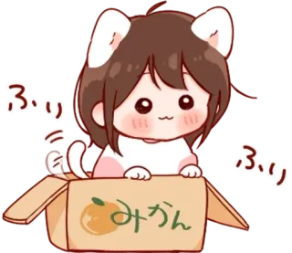 💭 みかん кошачьи ушки, чиби, милый, кот, коробка, апельсин, фрукт telegram sticker