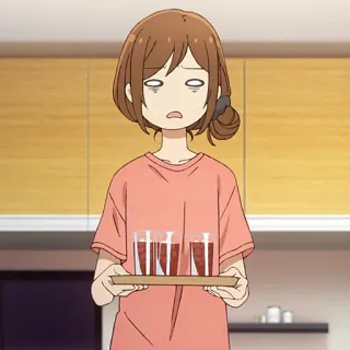 📚 anime, garota, exausta, cansada, cabelo castanho, bandeja, óculos telegram sticker