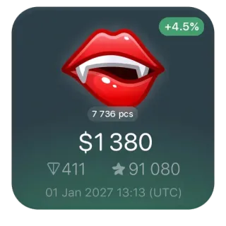 🫦 +4.5%
7736 pcs
$1380
411
★91080
01 Jan 2027 13:13 (UTC) 嘴唇, 吸血鬼, 价格, 日期, 时间, 数字资产, 加密货币 telegram sticker
