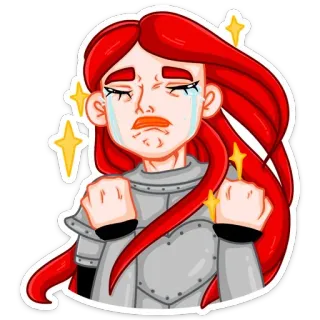 😭 chorando, chateado/a, armadura, feminino, triste, emocional, cabelo ruivo whatsapp sticker