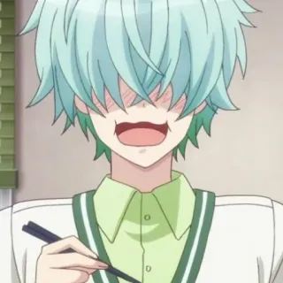 📌 Anime, Junge, Essen, Essstäbchen, Grüne Haare, Cartoon telegram sticker