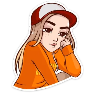 😒 SunShine sticker, dessin animé, fille, chapeau, hoodie orange, soleil, cheveux blonds telegram sticker