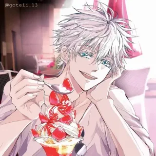 💠 Satoru Gojo Jujutsu Kaisen Anime, Manga, Gojo Satoru, Postre, Fresas, Parfait, Cafetería whatsapp sticker