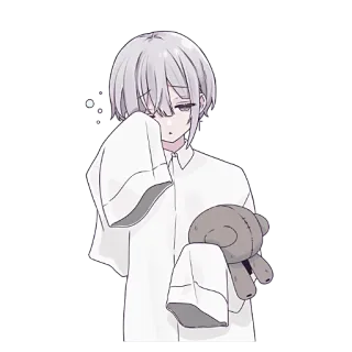 😴 Anime, Menino, Triste, Chorando, Urso de pelúcia, Cabelo branco, Mangá whatsapp sticker