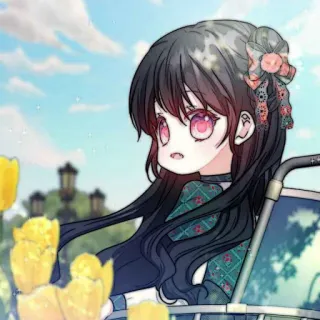 🐈‍⬛️ anime, ragazza, capelli neri, tulipani, carina whatsapp sticker