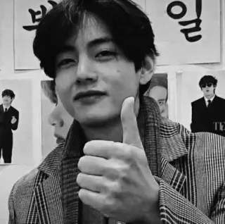 👍 kpop, большой палец вверх, портрет, мужчина, знаменитость, черно-белое telegram sticker