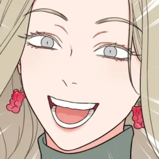 🖤 mulher, urso de goma, brincos, desenho animado, sorrindo, rosto whatsapp sticker