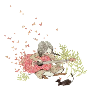 🎸 chica, guitarra, gato, mariposas, dibujo telegram sticker