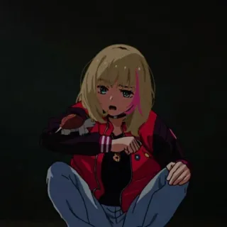 🎵 Аниме, Девушка, Куртка, Блондинка, Сидит telegram sticker