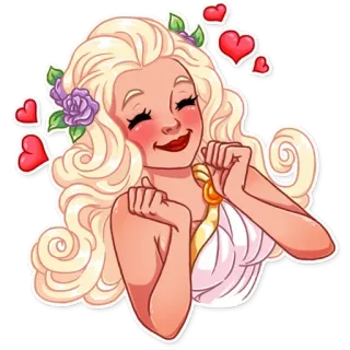 😊 женщина, блондинка, сердечки, любовь, мультфильм, платье, фиолетовый цветок telegram sticker