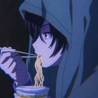 🙃 anime, hoodie, noodles, eating, ramen, chopsticks telegram sticker