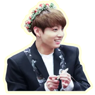 😁 Jungkook kpop, chanteur, couronne de fleurs, souriant, BTS, idole telegram sticker