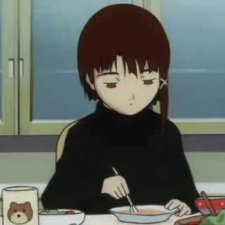 😞 Lain Iwakura Serial Experiments Lain anime, girl, brown hair, eating, serial experiments lain, lain, computer, wired telegram sticker