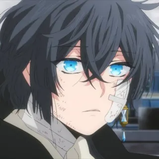 🌐 Anime, Personaje, Vendajes, ojos azules, pelo oscuro, herido/a, pendiente reloj arena whatsapp sticker