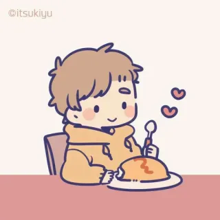 🍳 ©itsukiyyu comida, omurice, corazones, lindo, kawaii, ilustración, dibujos animados, persona, comiendo telegram sticker