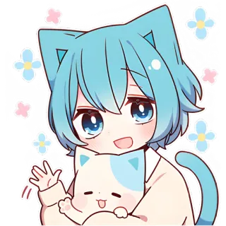 👋 อนิเมะ, แมว, น่ารัก, คาวาอิ, จิบิ, ผมสีฟ้า, การ์ตูน telegram sticker