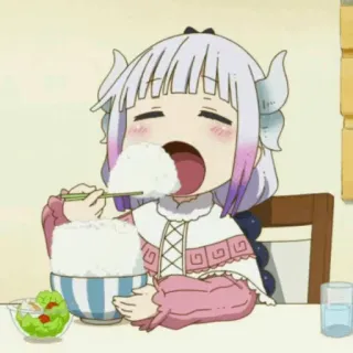 🍬 Kanna Miss Kobayashi's Dragon Maid 애니메이션, 칸나 카무이, 먹는, 밥, 귀여운, 드래곤, 치비 whatsapp sticker