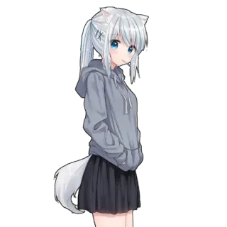 😌 anime meisje, kattenoortjes, hoodie, rok, schattig, kawaii, anime, manga telegram sticker