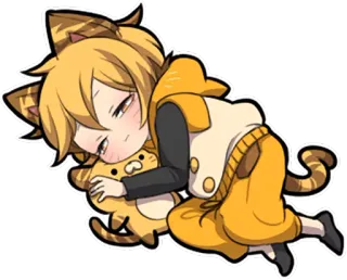 😪 고양이, 애니메이션, 만화, 귀여운, 자는, 포옹, 노란색, 스티커 telegram sticker