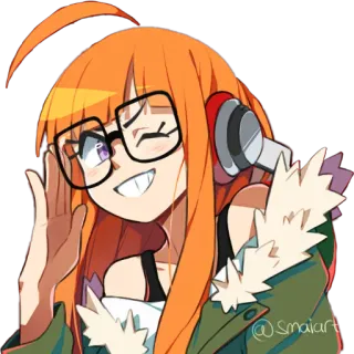 😉 Futaba Sakura Persona 5 Anime Mädchen, orange Haare, Brille, Kopfhörer, lächelnd telegram sticker