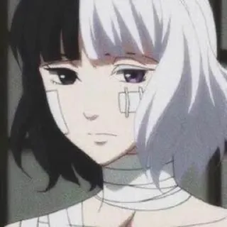 😒 アニメ, キャラクター, 女の子, 包帯, 白黒髪, 女性 telegram sticker