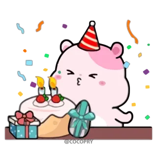 🥳 день рождения, торт, хомяк, праздник, вечеринка, мультфильм telegram sticker
